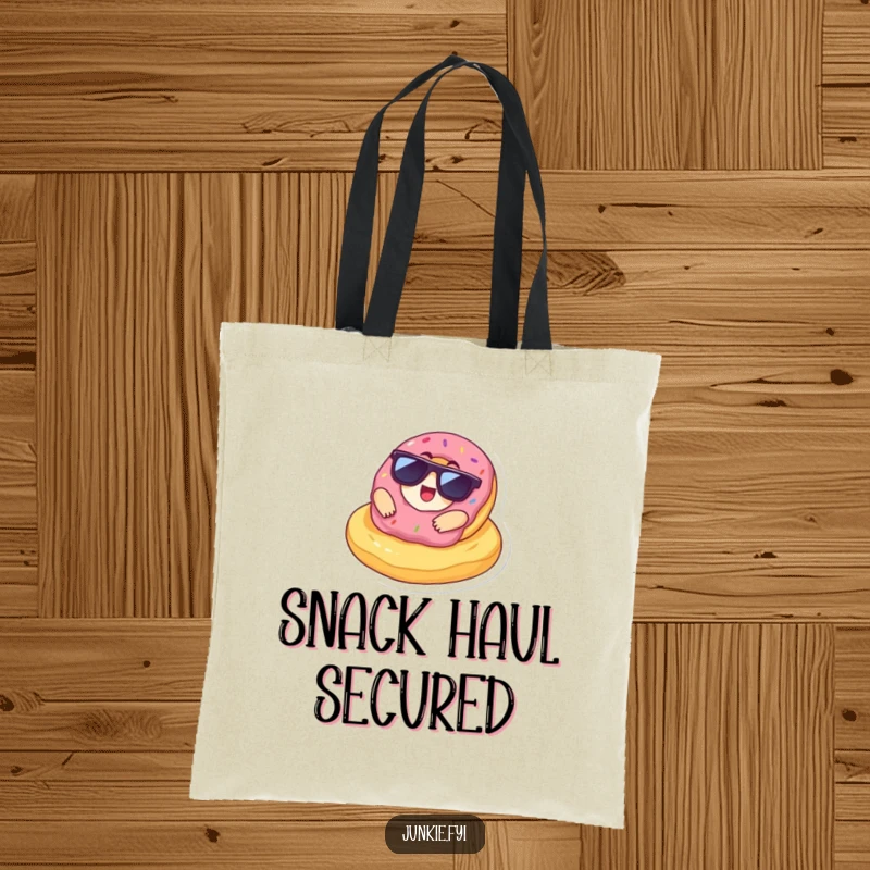 Funny Tote Bag with a delighted donut wearing sunglasses lounging on a giant chip, perfect for carrying essentials with snack-themed humor.