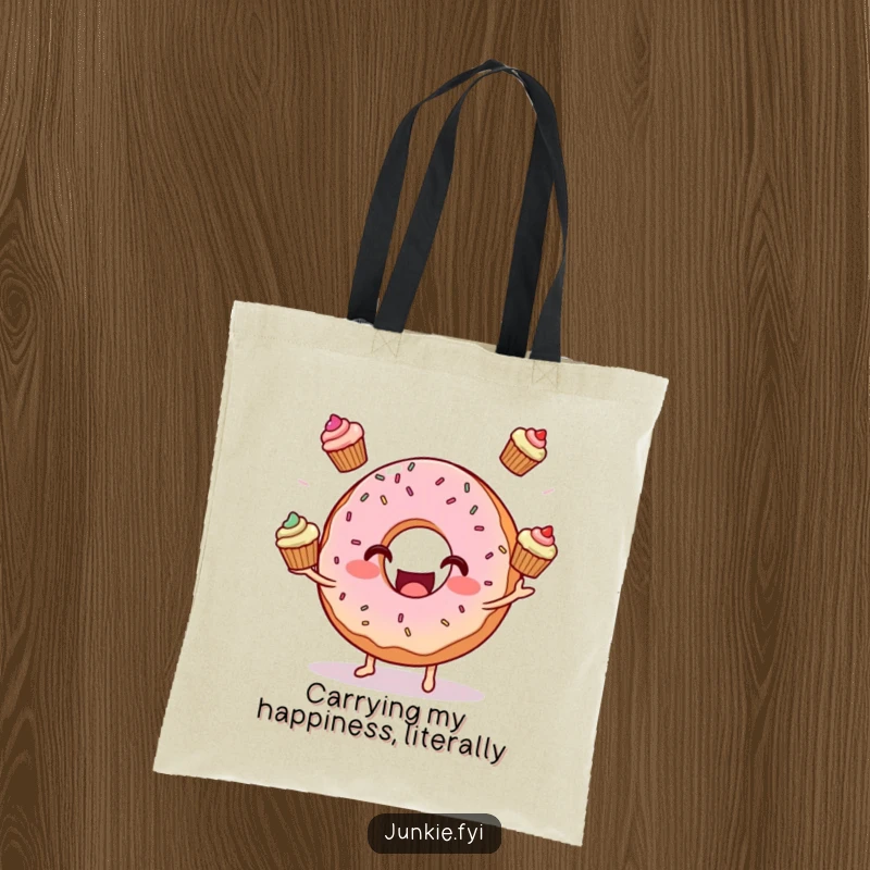 Funny donut character with sprinkles juggling three mini cupcakes on a durable tote bag, perfect for shopping and everyday use.