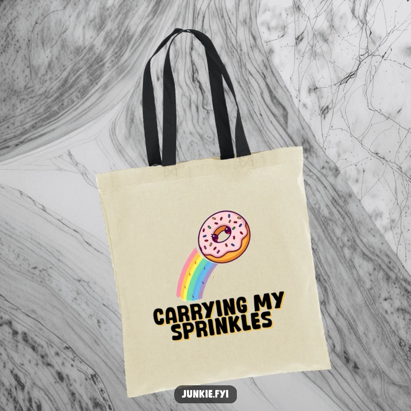 A happy donut slides down a colorful sprinkle rainbow, making this funny tote bag a cheerful accessory.