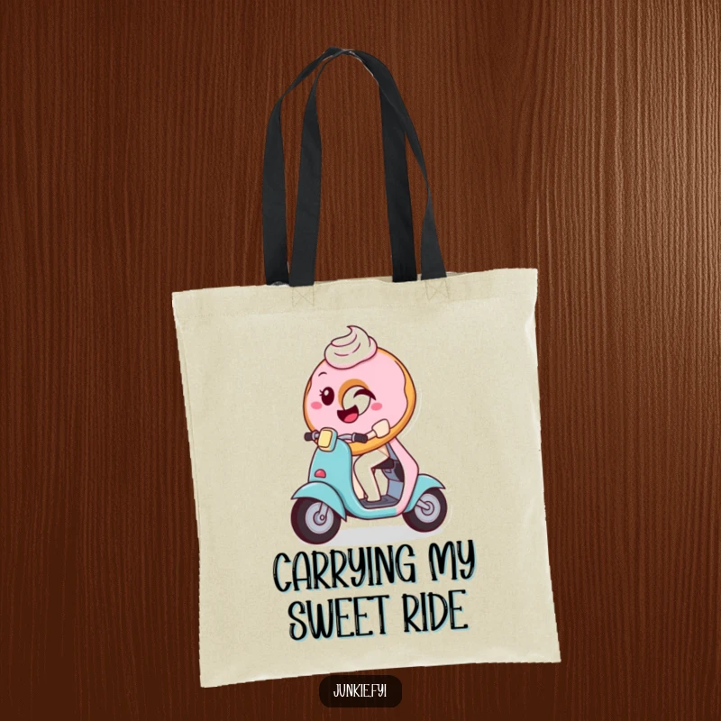 Funny Tote Bag featuring a playful donut with frosting winking while riding a tiny scooter, a charming accessory for daily use.