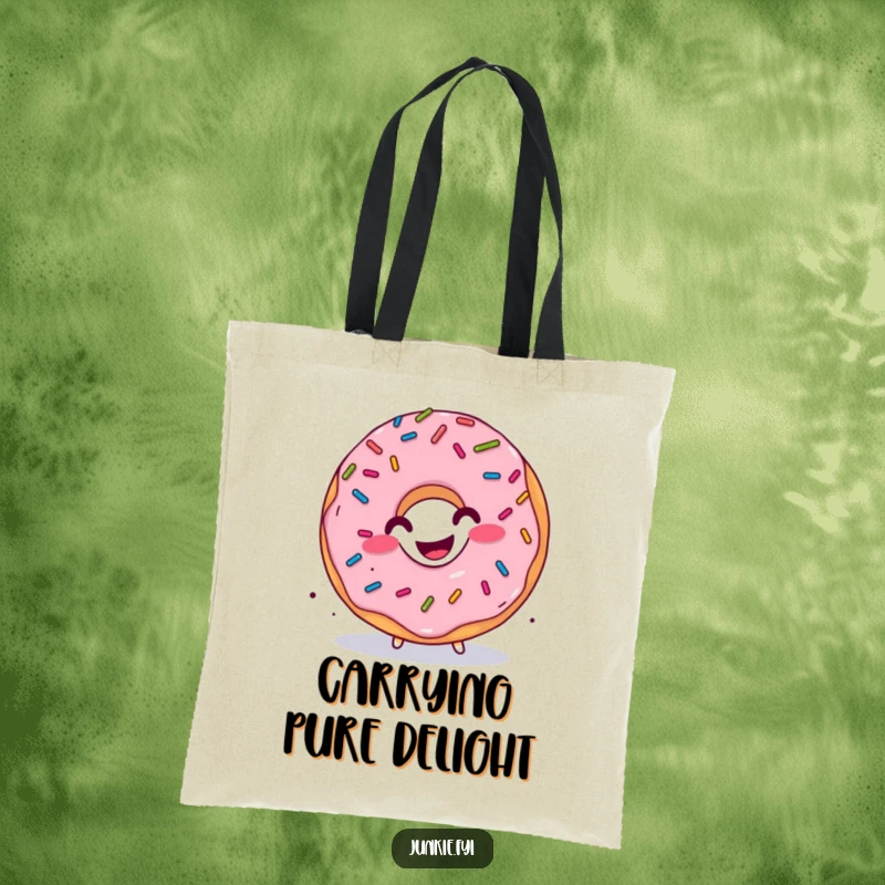 Funny donut tote bag, sprinkles falling, character doing a happy wiggle, a delightful and functional accessory.