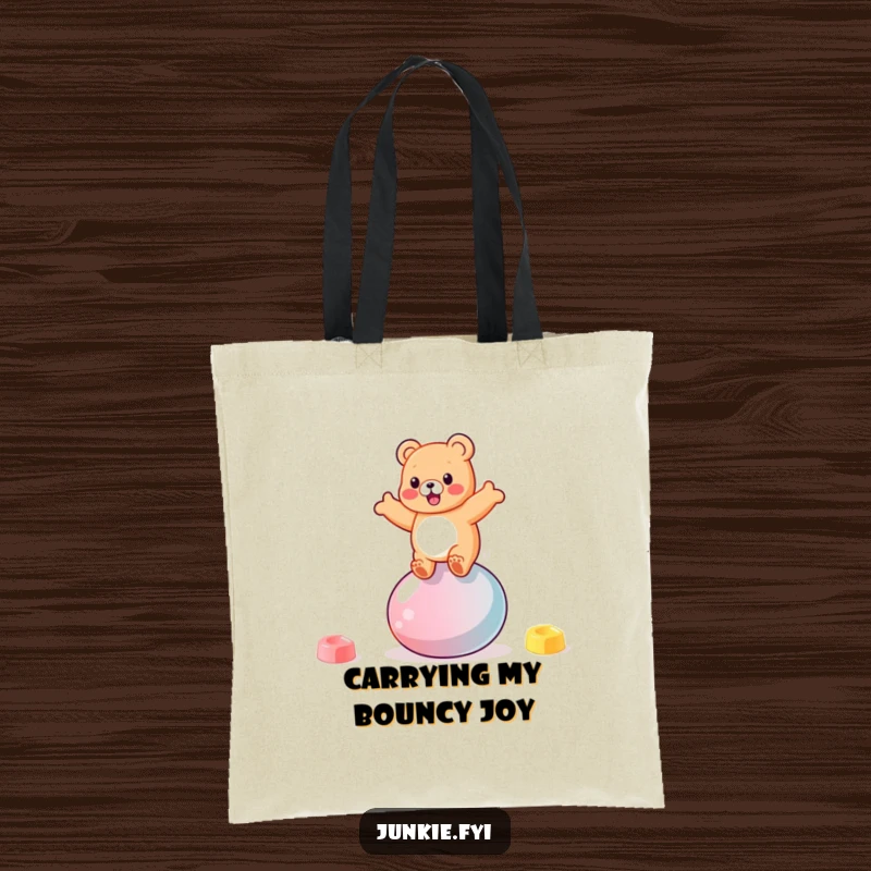 Funny gummy bear character bouncing gleefully on a giant jellybean on a durable tote bag.