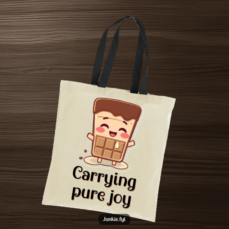 Funny tote bag with a happy, slightly melting chocolate bar character expressing pure excitement. Ideal for sweet treat fans.