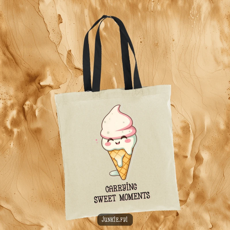 Funny ice cream cone tote bag character, melting with happiness, a sweet and humorous way to carry items.