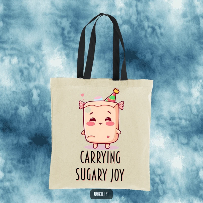 Funny Kawaii Candy Kiss Tote Bag: A giggling anthropomorphic candy bar in a party hat blows a kiss, making this a functional and funny tote.
