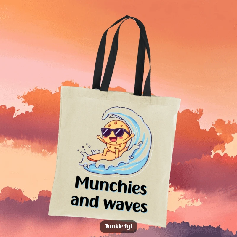 Funny Kawaii cookie wearing sunglasses, surfing a huge milk wave, featured on a durable tote bag.