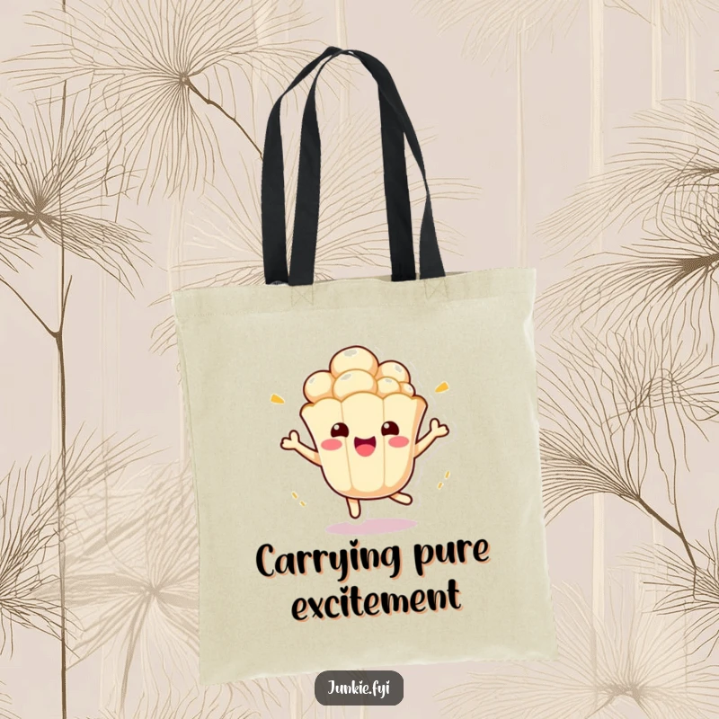 Funny Kawaii Popcorn Tote Bag: A cute anthropomorphic popcorn kernel bounces with excitement, making this a functional and funny tote.