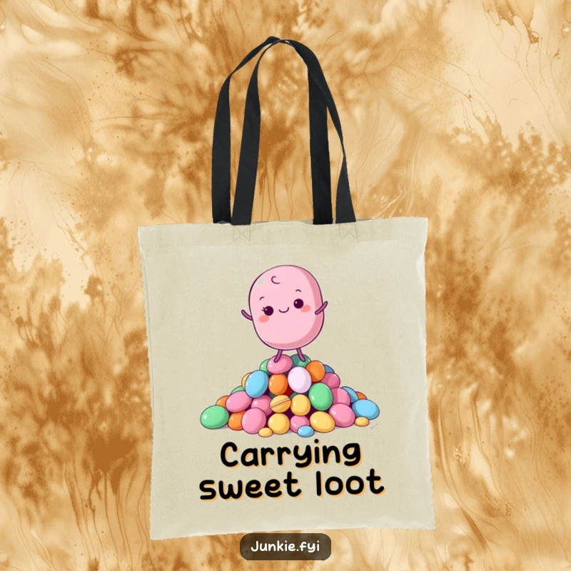 Funny Tote Bag featuring a serene macaron character balancing on a pile of colorful candies, a charming accessory for carrying goods.