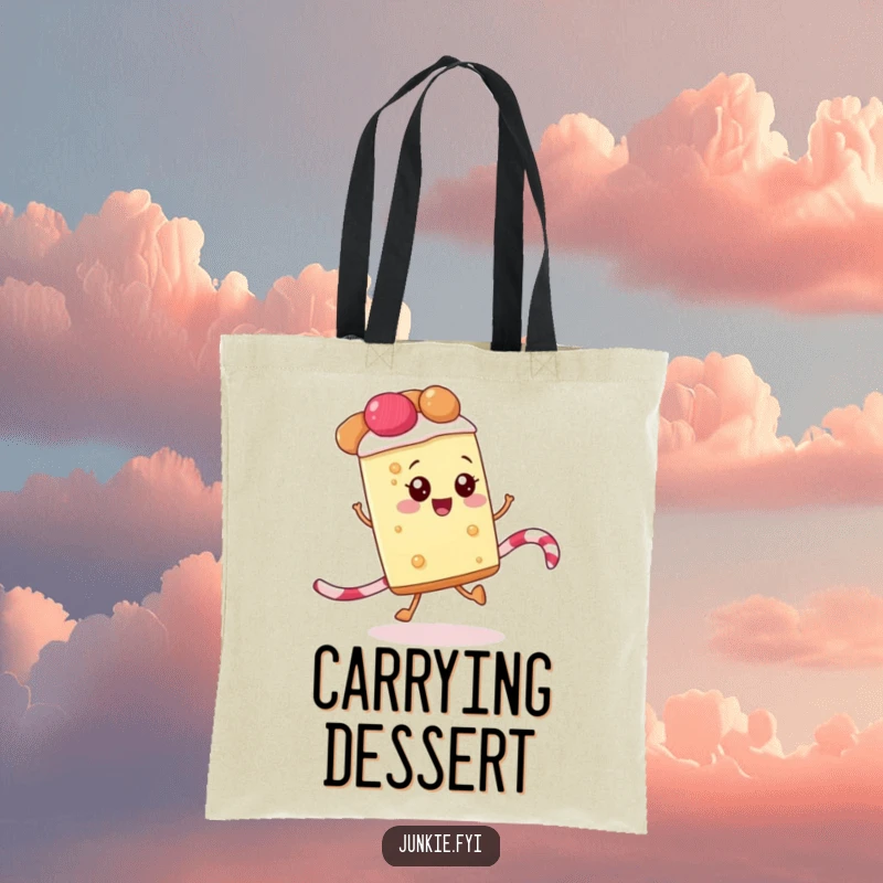 Funny tote bag with a happy slice of pie skipping along a licorice rope, perfect for carrying goodies and smiles.