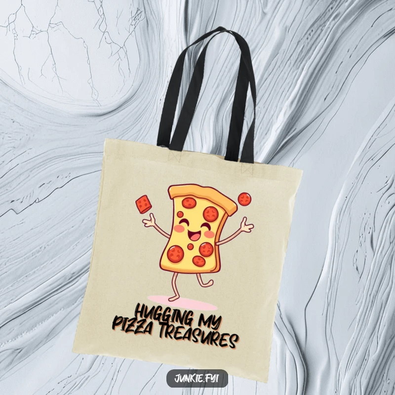 Funny Tote Bag featuring a cheerful pizza slice with legs gleefully juggling pepperonis, a perfect companion for grocery runs.