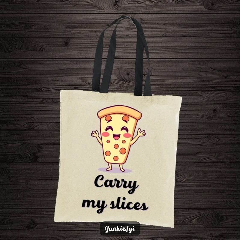 Funny pizza slice tote bag character, doing jazz hands with joy, a fun and practical accessory.