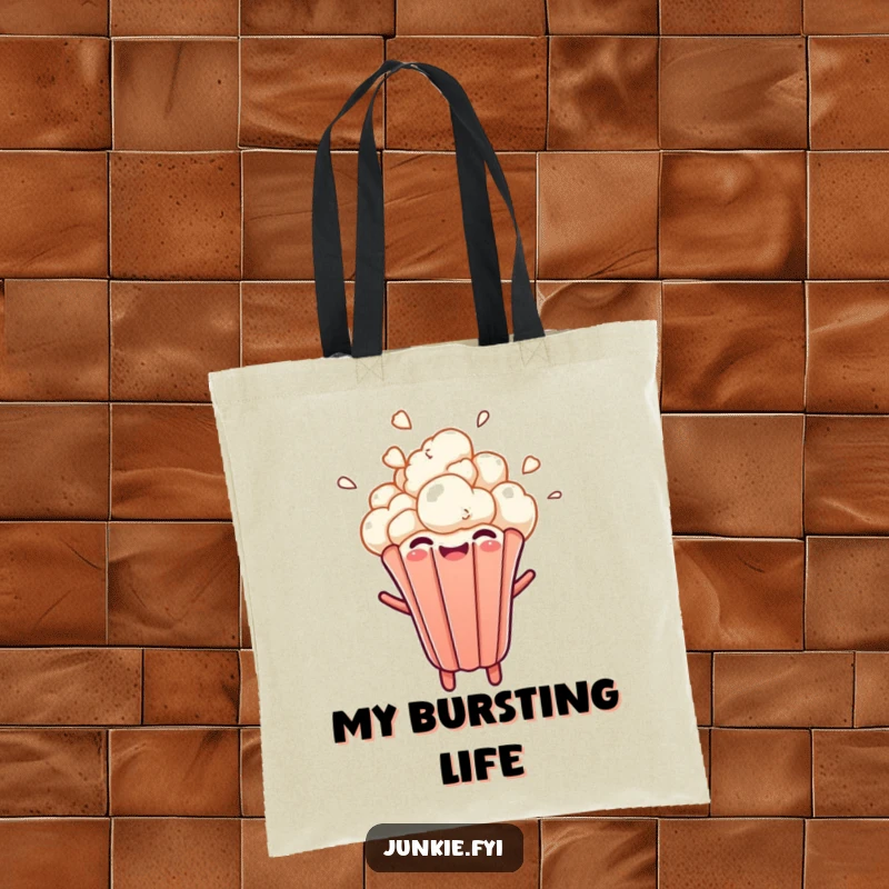 A popcorn kernel bursts upwards with joyful abandon on this funny tote bag, perfect for carrying essentials.