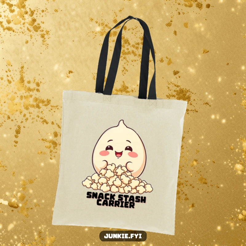 Funny Tote Bag: A plump food character with a happy grin happily munches on a mountain of popcorn.