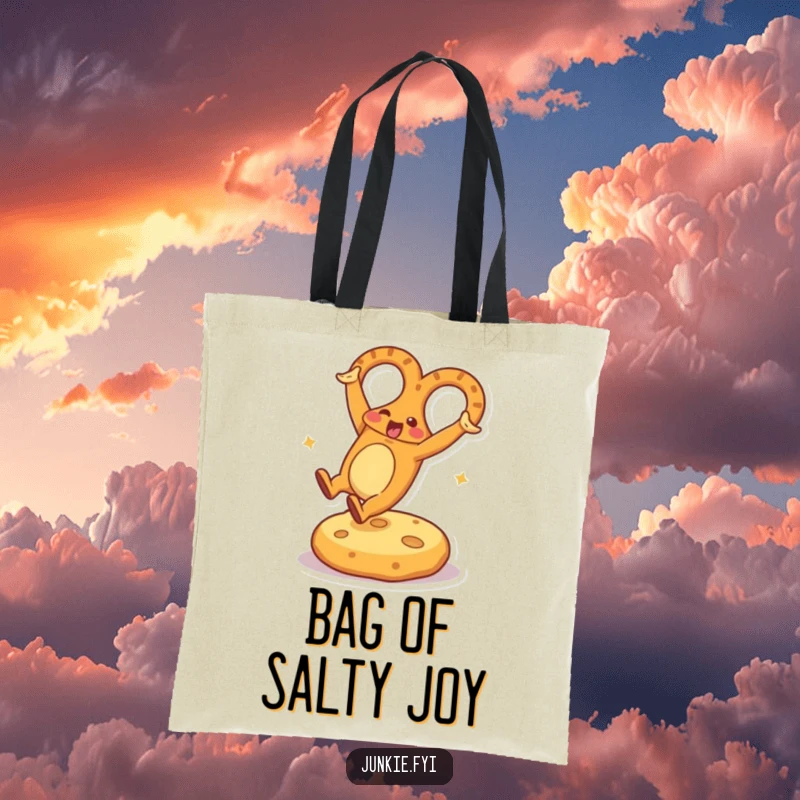 Funny Tote Bag with an energetic pretzel character performing a cartwheel on a delightful cheese cushion, a stylish and humorous accessory.
