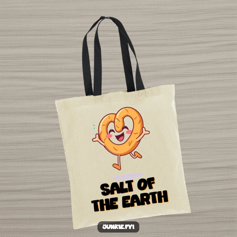 Funny pretzel tote bag, a smiling character joyfully jumping with a sprinkle of salt, a fun and practical accessory.