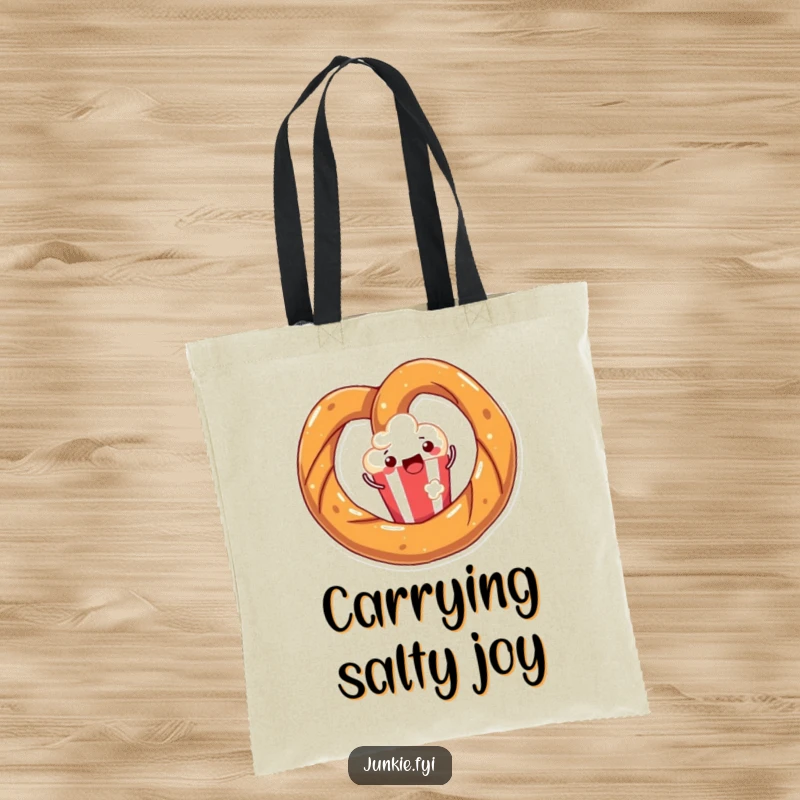 Funny tote bag showcasing a joyful pretzel twisting with happiness around a popcorn kernel, perfect for carrying snacks.