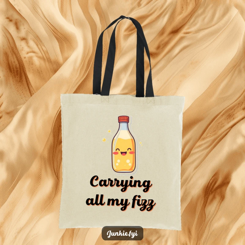 Funny soda bottle tote bag character, full of fizz and excitement, a practical and humorous accessory.
