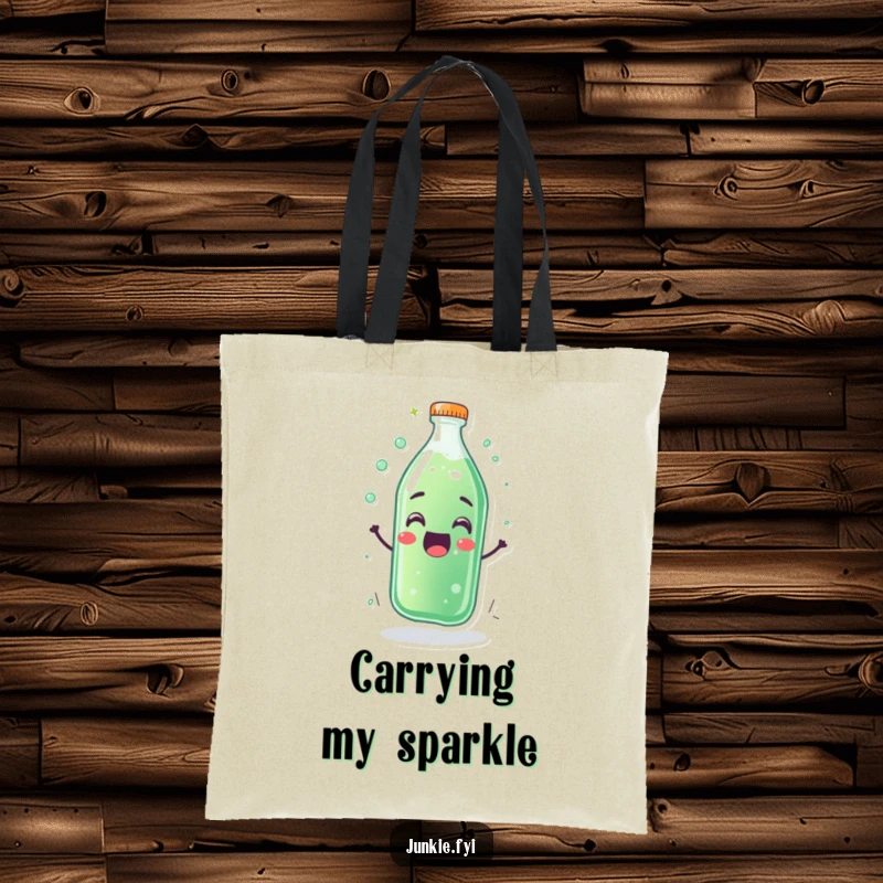 Funny tote bag with a thrilled soda bottle character fizzing with overflowing happiness. Playful and practical.