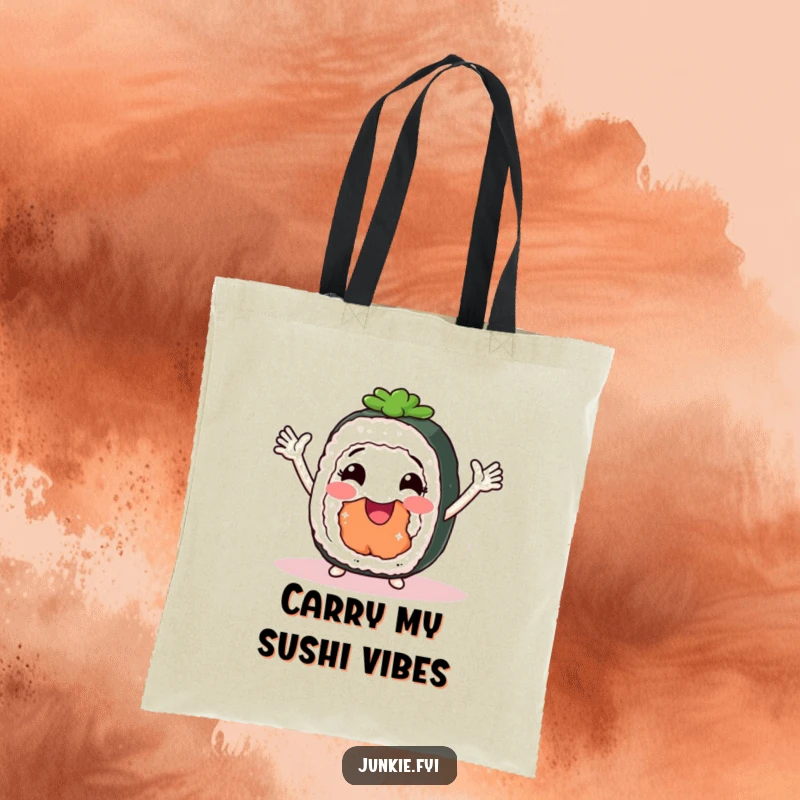 Funny Tote Bag featuring a smiling sushi roll with arms shimmying joyfully, a stylish companion for carrying essentials.