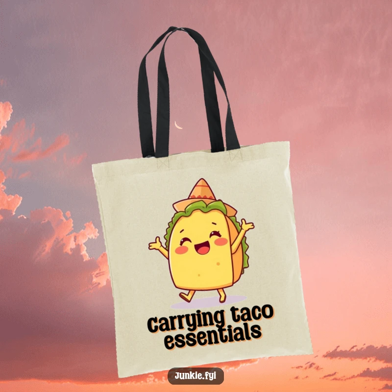 Funny tote bag featuring a delighted taco character doing a silly dance with a tiny sombrero, a cheerful accessory.