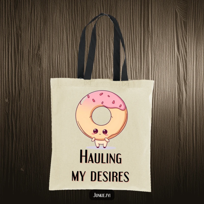 Funny tote bag: A quirky food character with big, longing eyes stares powerfully at a gigantic doughnut, showcasing a sweet obsession.