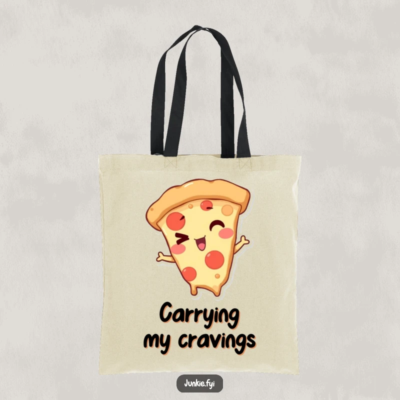 Funny Tote Bag with a mischievous pizza slice character winking playfully, perfect for carrying essentials with a slice of humor.