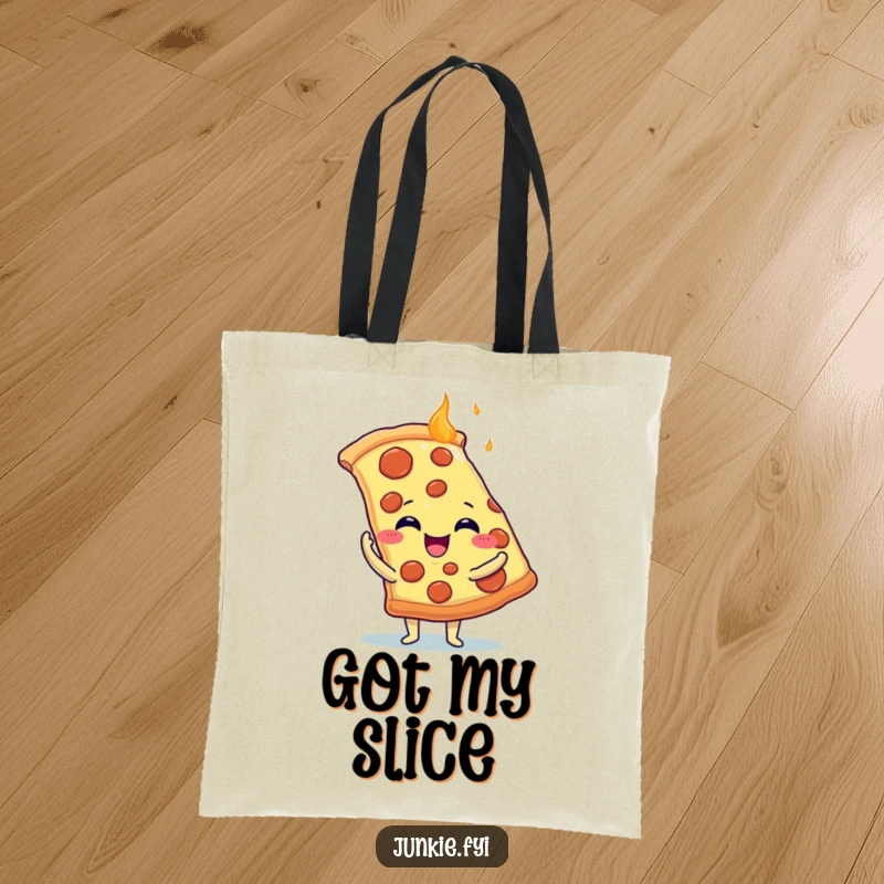 Funny Tote Bag: A food character with tiny arms embraces a giant, steaming slice of pizza with utter delight.