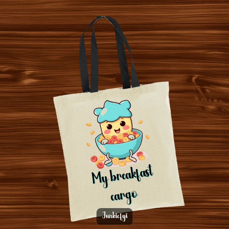Funny Tote Bag: A food character with wiggly legs excitedly dives into a huge bowl of swirling breakfast cereal.