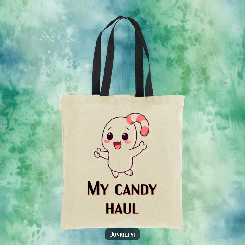 Funny candy cane character boomeranging back towards a hand on a tote bag, representing playful return.