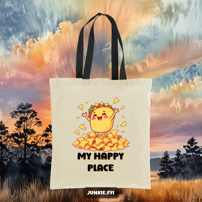 Funny tote bag depicting a gleeful taco joyfully doing a jig with zest amidst a plentiful pile of crunchy nacho chips.