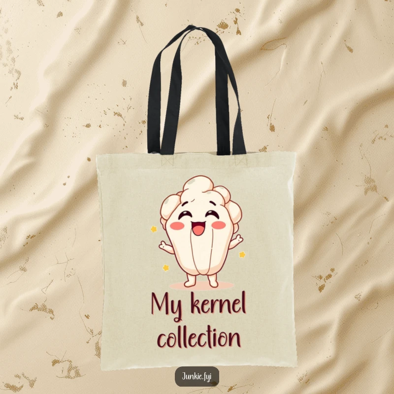 Funny popcorn kernel character bursting happily on a tote bag, representing fun and excitement.