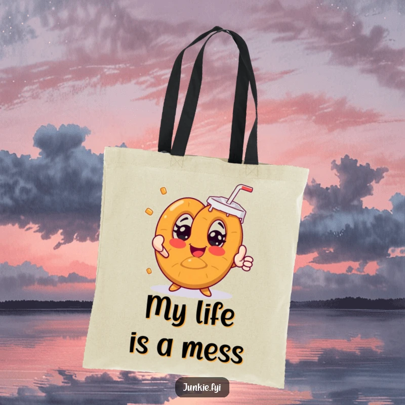 Funny pretzel character with wide eyes reaching for giant soda, on a reusable tote bag.