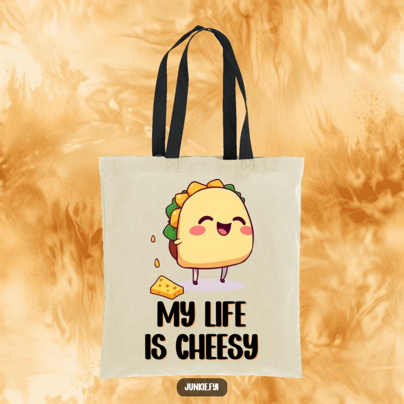 Funny giggling taco character with tiny legs catching falling cheese, on a tote bag.