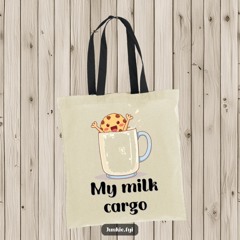 Funny cookie character leaping into a giant mug of milk on a tote bag, symbolizing happy indulgence.