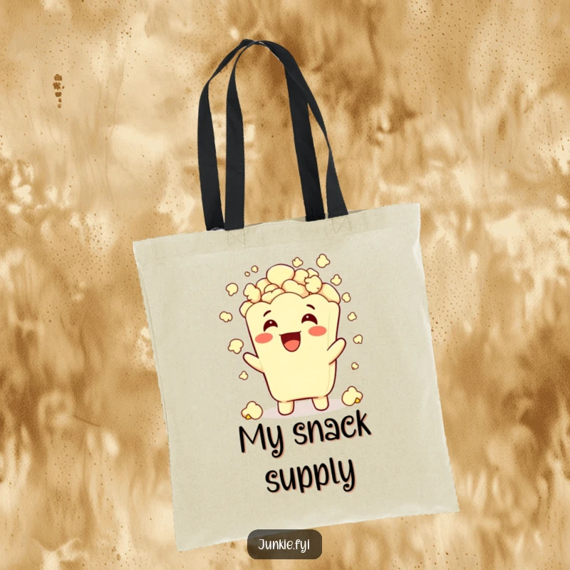 Funny popcorn character exuberantly showering itself with popcorn, on a durable and humorous tote bag.