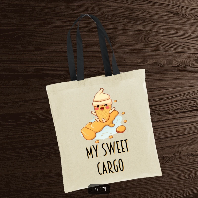Funny ice cream cone character gleefully sliding down a caramel river, on a durable and humorous tote bag.